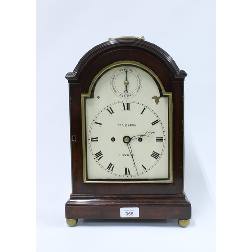 365 - Mahogany and brass cased bracket clock, the dial inscribed Wm Cozens, London, with Roman numerals an... 