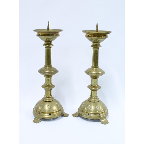 367 - Pair of Gothic Revival  brass pricket candlesticks, 37cm (2)