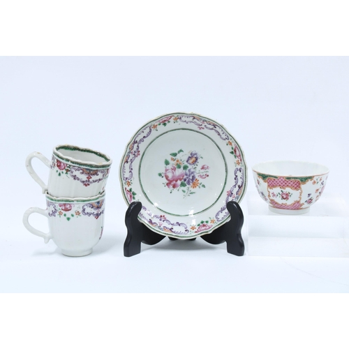 376 - A group of Chinese famille rose porcelain to include a plate, two cups, tea bowl, saucer and jug and... 