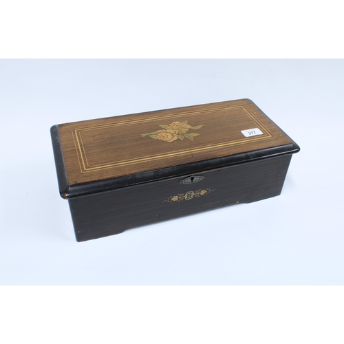 377 - Swiss music box, rosewood and inlaid case, playing eight Airs to include What shall the Harvest be &... 