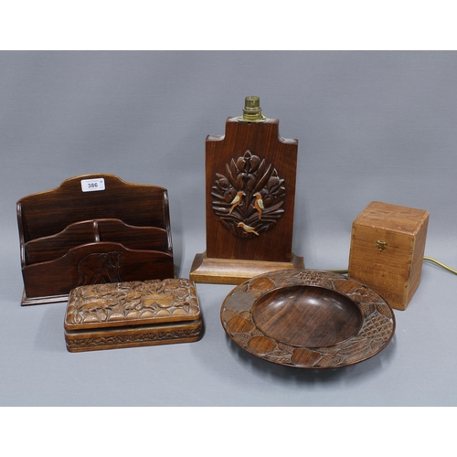 386 - Hardwood table lamp base, stationery rack and fruit bowl together with a carved box and vintage ciga... 