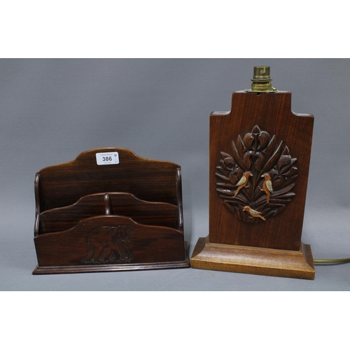 386 - Hardwood table lamp base, stationery rack and fruit bowl together with a carved box and vintage ciga... 