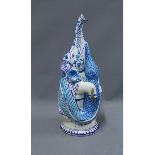 390 - Turquoise blue and white glazed  pottery elephant  and crocodile figure group (trunk a/f) 43cm