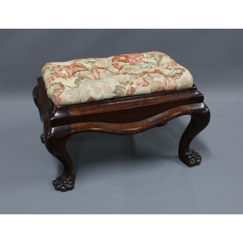 399 - Mahogany footstool with paw feet and floral buttoned seat, 25 x 41 x 28cm