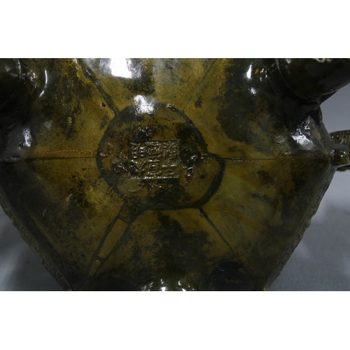 403 - Large Chinese lacquered bronze censor and cover of hexagonal form together with a shaped wooden base... 