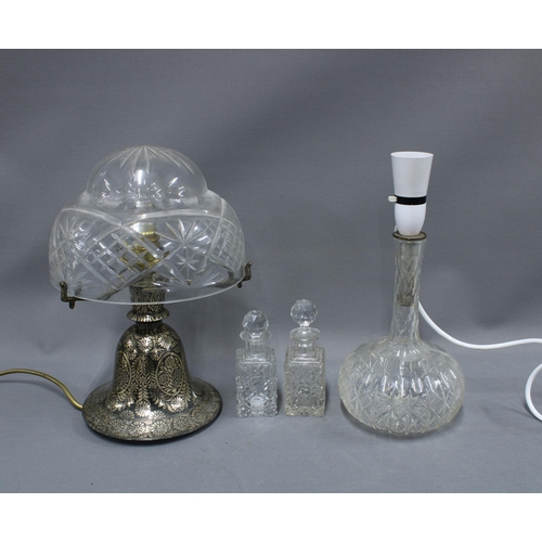 406 - Table lamp base with cut glass shade, 33cm including shade, decanter table lamp and two glass scent ... 