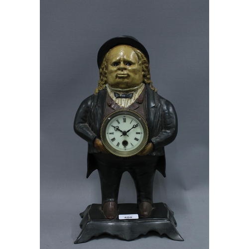 408 - Figural spelter clock with moving eyes, 38cm