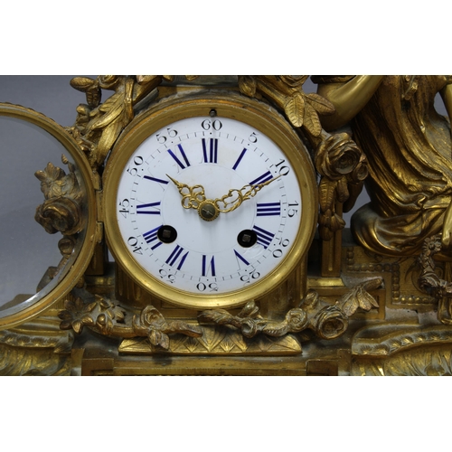 409 - French mantle clock the ormolu case with classical female figure and birds, enamel dial with roman n... 