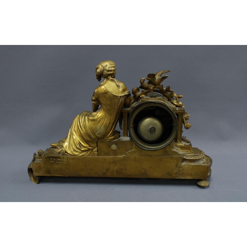 409 - French mantle clock the ormolu case with classical female figure and birds, enamel dial with roman n... 