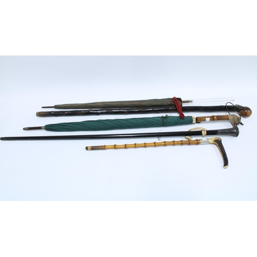 418 - Collection of vintage parasols, walking canes and a riding crop, (5)