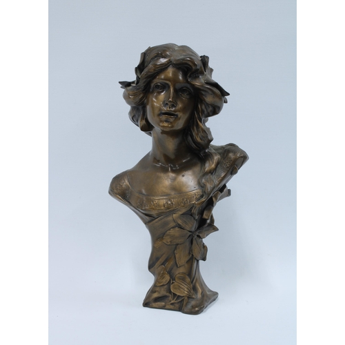 419 - Bronze patinated resin Art Nouveau style head and shoulders bust, 33cm