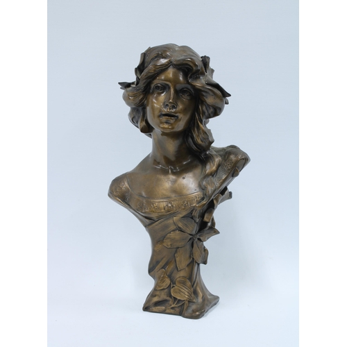 419 - Bronze patinated resin Art Nouveau style head and shoulders bust, 33cm