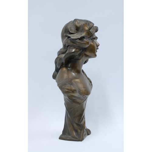 419 - Bronze patinated resin Art Nouveau style head and shoulders bust, 33cm