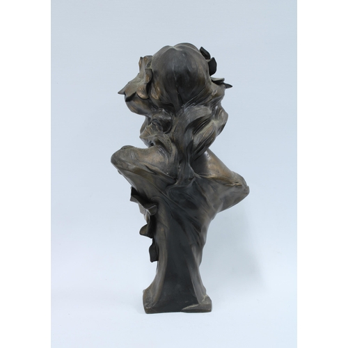 419 - Bronze patinated resin Art Nouveau style head and shoulders bust, 33cm