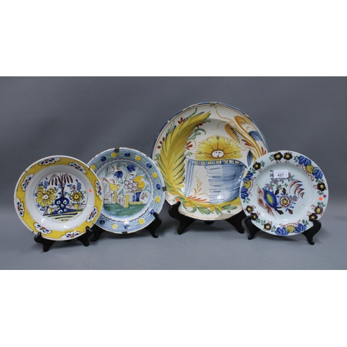 427 - Four Delft plates (a/f) (4) largest 34cm