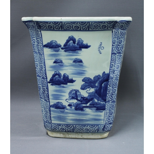 442 - Chinese blue and white pot with a landscape scene. 31 x 27cm.