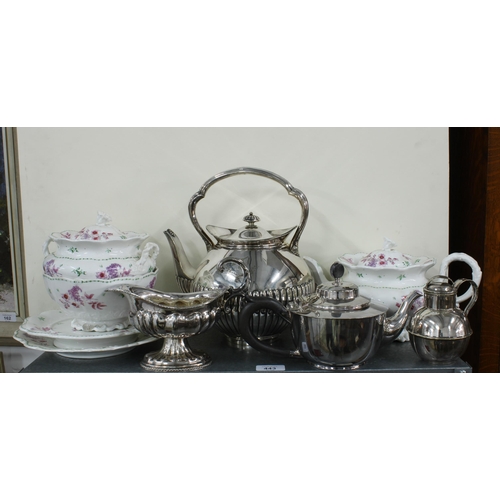 443 - 19th century English porcelain part teaset, epns kettle and cream jug, etc (a lot)