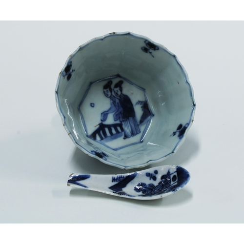 448 - Chinese blue and white fluted tea bowl with long Eliza type figures together with a Chinese blue and... 