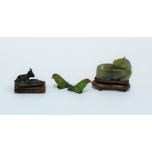 455 - Small Chinese carved jade horse, length 4cm together with a bronzed metal animal and two cold painte... 