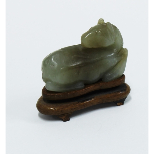 455 - Small Chinese carved jade horse, length 4cm together with a bronzed metal animal and two cold painte... 