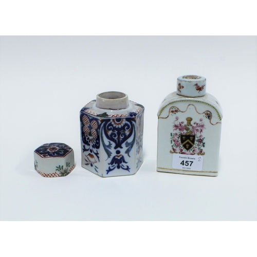 457 - Dutch delft tea caddy and cover and a Chinese armorial caddy with cover (a/f\) (2)