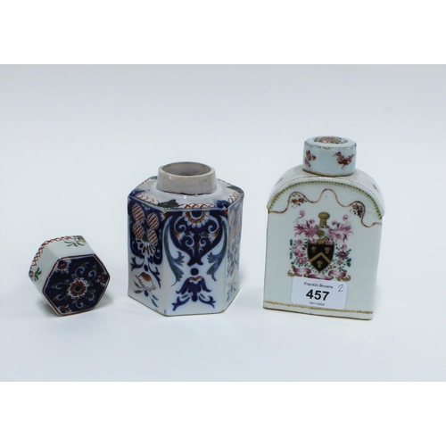 457 - Dutch delft tea caddy and cover and a Chinese armorial caddy with cover (a/f\) (2)