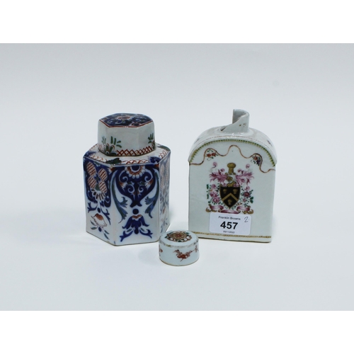 457 - Dutch delft tea caddy and cover and a Chinese armorial caddy with cover (a/f\) (2)