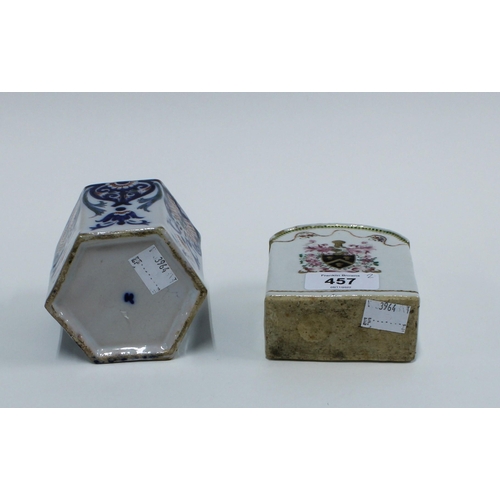 457 - Dutch delft tea caddy and cover and a Chinese armorial caddy with cover (a/f\) (2)