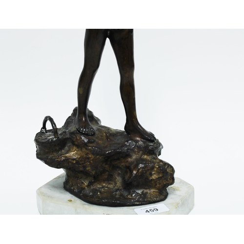 459 - Bronze figure of a boy with a fish, on a naturalistic mound and octagonal hardstone base, 42cm