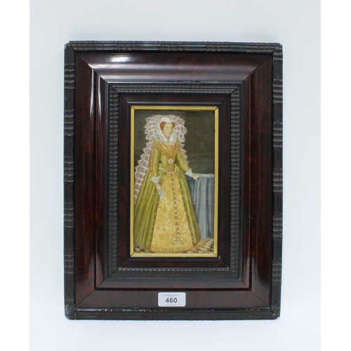 460 - Mary Queen of Scots, an embroidered panel with seed pearls, paper label verso reads after Greiffenha... 