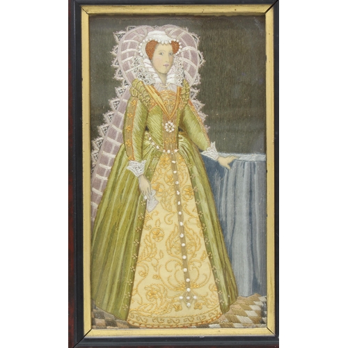 460 - Mary Queen of Scots, an embroidered panel with seed pearls, paper label verso reads after Greiffenha... 