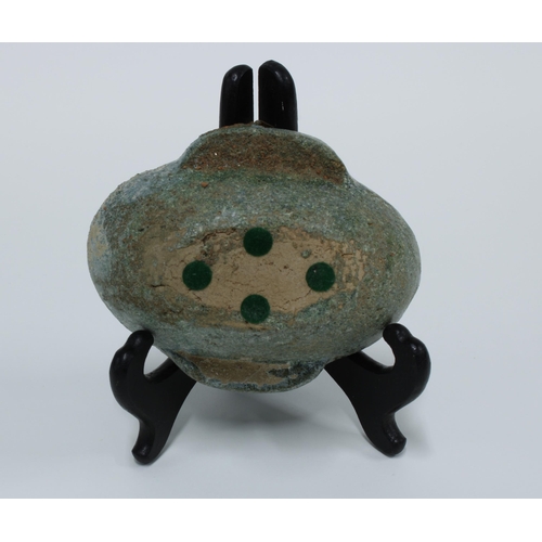 462 - Chinese green glazed Ear Cup of oval form, flanked by elongated ear handles, 12cm long