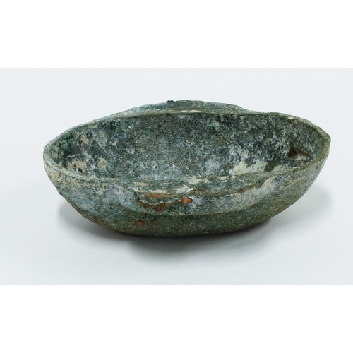 462 - Chinese green glazed Ear Cup of oval form, flanked by elongated ear handles, 12cm long