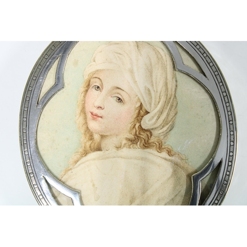 49 - Victorian gothic silver plated frame containing an oval watercolour miniature of Beatrice after Guid... 