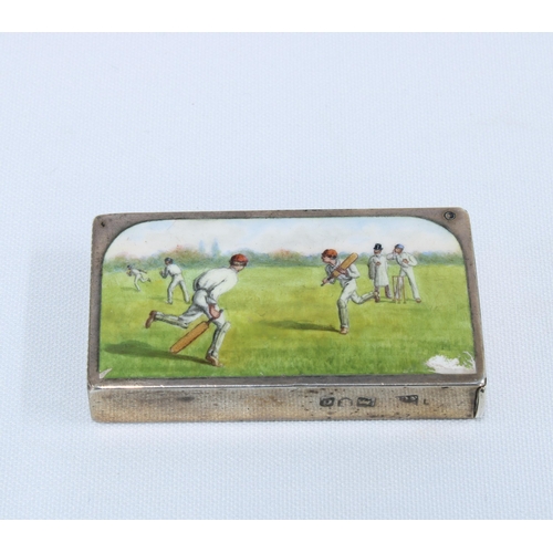 65 - Late Victorian Cricket Match  silver and enamel vesta case, London 1899, 6 x 3.5cm