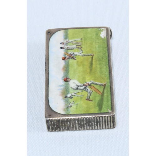 65 - Late Victorian Cricket Match  silver and enamel vesta case, London 1899, 6 x 3.5cm