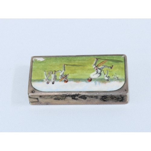 65 - Late Victorian Cricket Match  silver and enamel vesta case, London 1899, 6 x 3.5cm