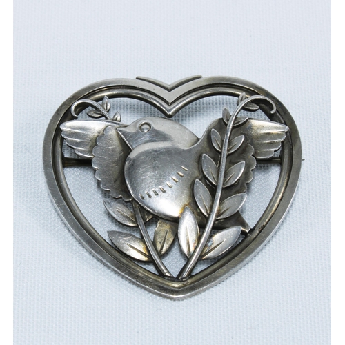 70 - Georg Jensen silver brooch with dove and olive leaves, designed by Arno Malinowski, with makers mark... 