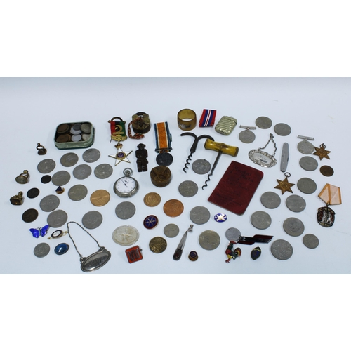 76 - A quantity of miscellaneous WWII medals, coins, commemorative coins, vesta case, corkscrews and enam... 