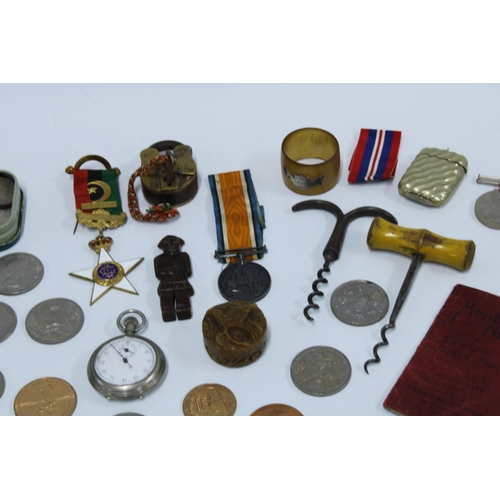 76 - A quantity of miscellaneous WWII medals, coins, commemorative coins, vesta case, corkscrews and enam... 