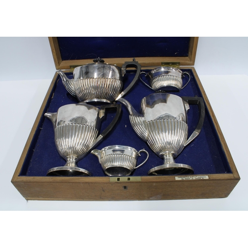 78 - Matched Epns tea and coffee service of half fluted design, in a fitted wooden case.