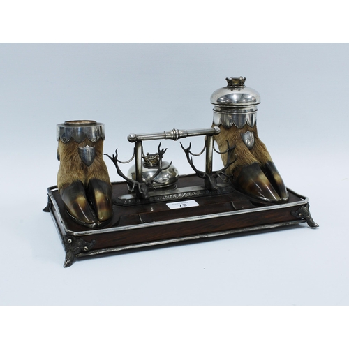 79 - Scottish Provincial double inkwell, Arthur Medlock with two hoof inkwells with white metal covers ce... 