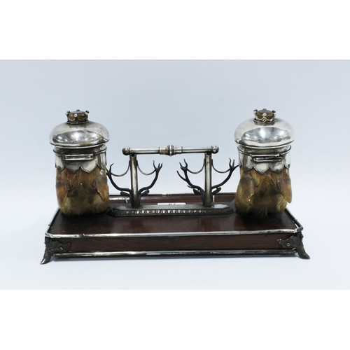 79 - Scottish Provincial double inkwell, Arthur Medlock with two hoof inkwells with white metal covers ce... 