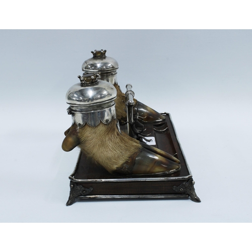 79 - Scottish Provincial double inkwell, Arthur Medlock with two hoof inkwells with white metal covers ce... 