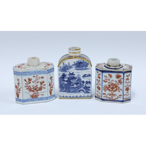 83 - Three various  Chinese tea caddies, to include an 18th century blue and white caddy with a chip to t... 