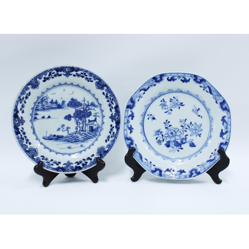 85 - Two late 18th / early 19th century Chinese blue and white plates, one of octagonal form, (2) 24cm