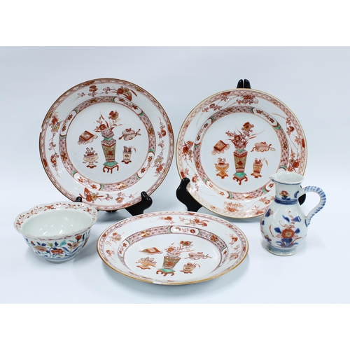 87 - Set of three Chinese export plates together with an Imari jug and Chinese bowl (5) 22cm.