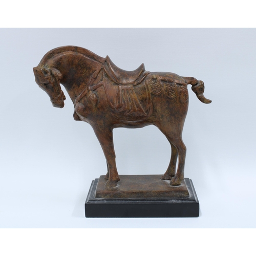 90 - Modern Tang style horse on a plinth base, 26 x 27cm.