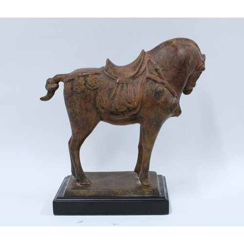 90 - Modern Tang style horse on a plinth base, 26 x 27cm.