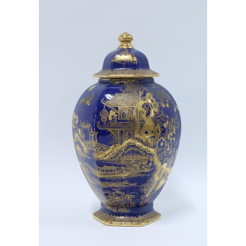 91 - Wilton Ware blue ground vase and cover  with chinoiserie gilt pattern, 24cm.